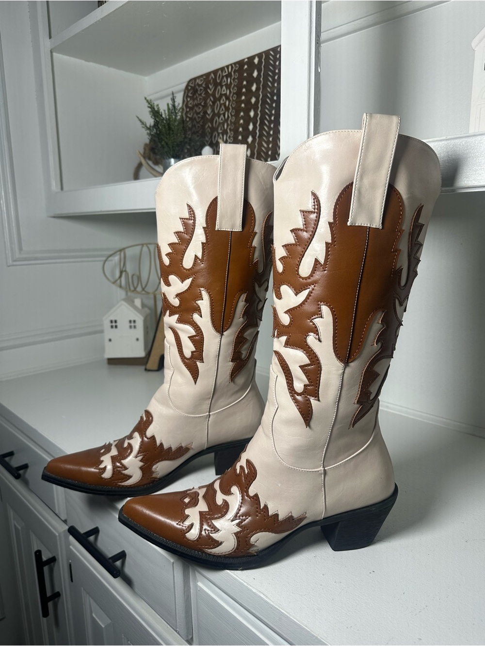 Ann Creek Cowboy Boots Womens 10 Cream Brown Western Boots Embroidered